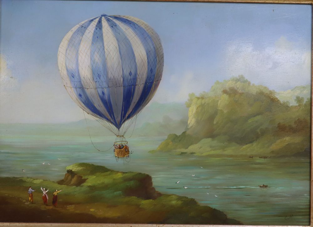 L.M., two oils on card, Ballooning scenes, initialled, 24 x 34cm and 34 x 24cm